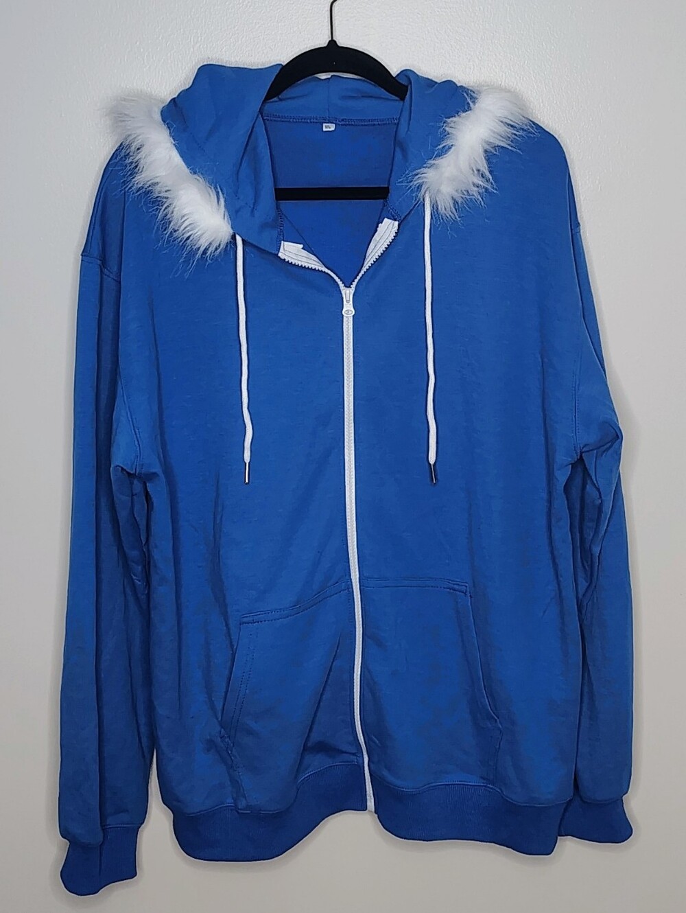 Blue Zip Up Hoodie XL White Faux Fur Trim Hood Y2K Streetwear